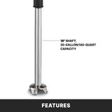 A heavy duty stainless steel immersion blender shaft, 18 inches long, stands upright. Text highlights its 18" shaft and 140 qt capacity. The white background features a black bar at the bottom with "FEATURES" in bold white text.