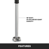 Close-up of a heavy duty immersion blender with an 18" stainless steel shaft and a rounded blade guard at the bottom. Text reads, 18" shaft; 35-gallon/140-quart capacity. The white background has a black band labeled FEATURES.