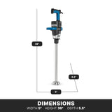 A heavy duty immersion blender with a blue and black handle is shown upright. Dimensions are labeled: height 36 inches, width 5 inches, depth 5.5 inches. A black bar at the bottom lists: Width 5, Height 36, Depth 5.5 in bold white text.