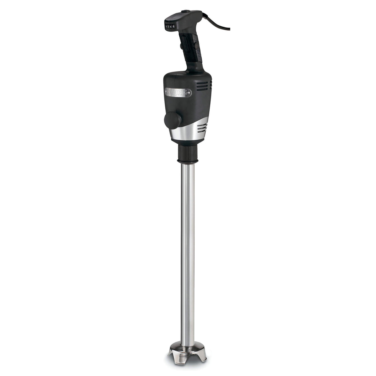 A heavy duty immersion blender with a black handle, control buttons on top, and a long 21" stainless steel shaft ending in a protective metal guard around the blade. A power cord is attached to the handle. The background is plain white.