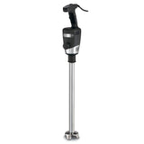 A heavy duty immersion blender with a black handle, control buttons on top, and a long 21" stainless steel shaft ending in a protective metal guard around the blade. A power cord is attached to the handle. The background is plain white.