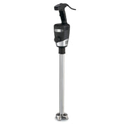 A heavy duty immersion blender with a black handle, control buttons on top, and a long 21" stainless steel shaft ending in a protective metal guard around the blade. A power cord is attached to the handle. The background is plain white.