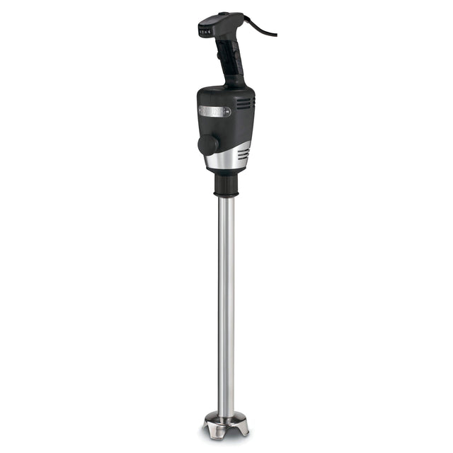 A heavy duty immersion blender with a black handle, control buttons on top, and a long 21" stainless steel shaft ending in a protective metal guard around the blade. A power cord is attached to the handle. The background is plain white.