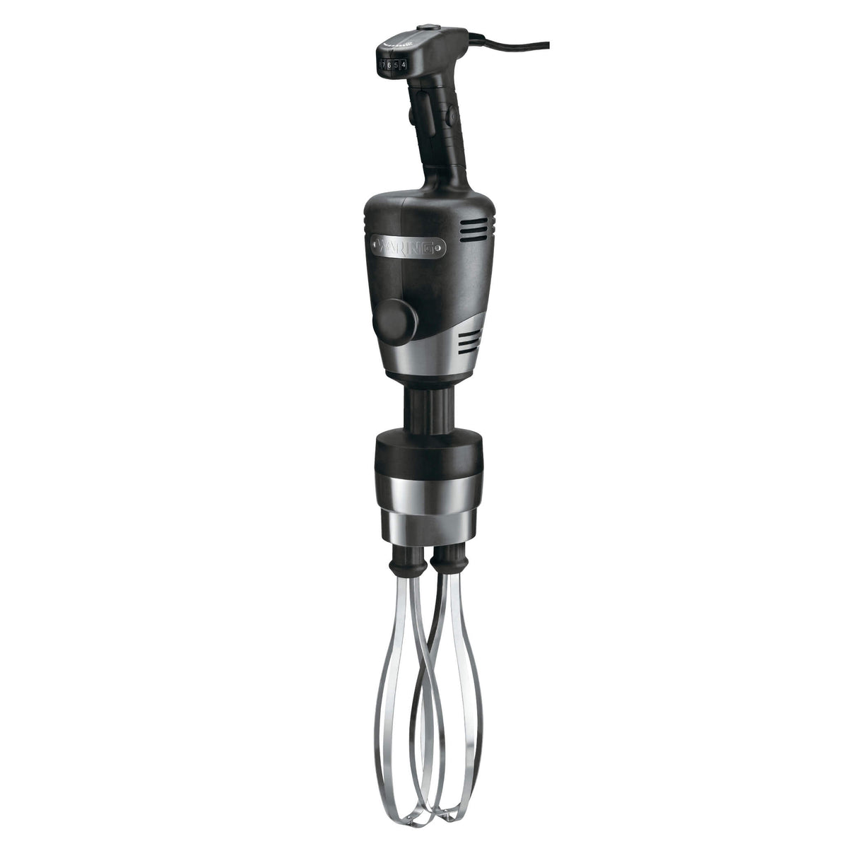 A black and silver commercial-grade handheld electric mixer with a thick, ergonomic handle, variable speed motor, control dial on the body, and two large metal beater attachments at the bottom—ideal for heavy-duty mixing tasks.