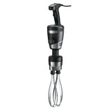 A black and silver commercial-grade handheld electric mixer with a thick, ergonomic handle, variable speed motor, control dial on the body, and two large metal beater attachments at the bottom—ideal for heavy-duty mixing tasks.