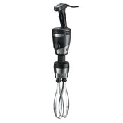 A black and silver commercial-grade handheld electric mixer with a thick, ergonomic handle, variable speed motor, control dial on the body, and two large metal beater attachments at the bottom—ideal for heavy-duty mixing tasks.