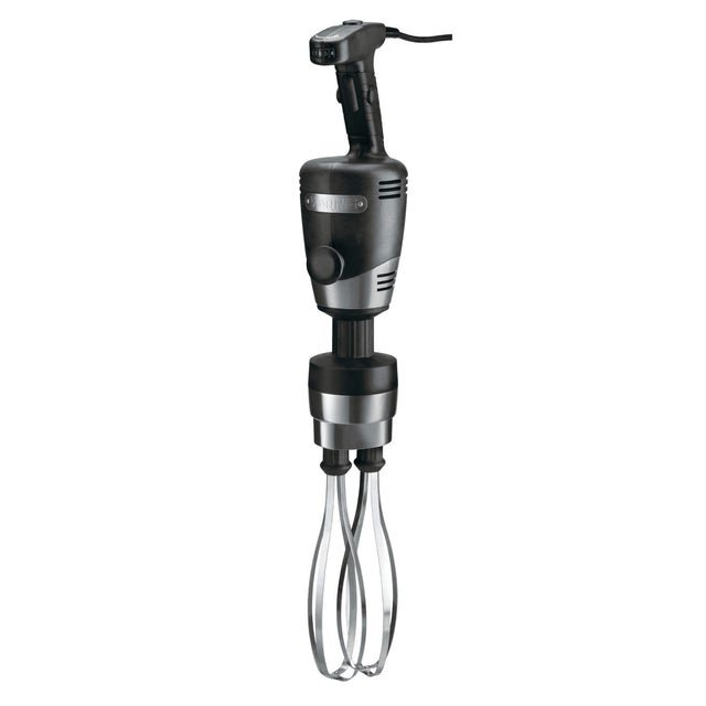 A black and silver commercial-grade handheld electric mixer with a thick, ergonomic handle, variable speed motor, control dial on the body, and two large metal beater attachments at the bottom—ideal for heavy-duty mixing tasks.