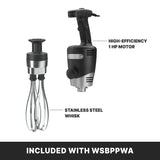 A black and silver hand blender with an ergonomic handle and labeled “high-efficiency 1 HP motor” is shown next to a separate Big Stix Whisk attachment. Text below reads, “Included with WSBPPWA” on a black background.