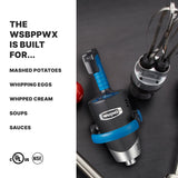 A Waring Heavy-Duty Big Stix EvolutionX immersion blender with a blue handle lies on a dark countertop next to stainless steel whisk attachments. Text on the left lists its uses: mashed potatoes, whipping eggs, whipped cream, soups, and sauces.