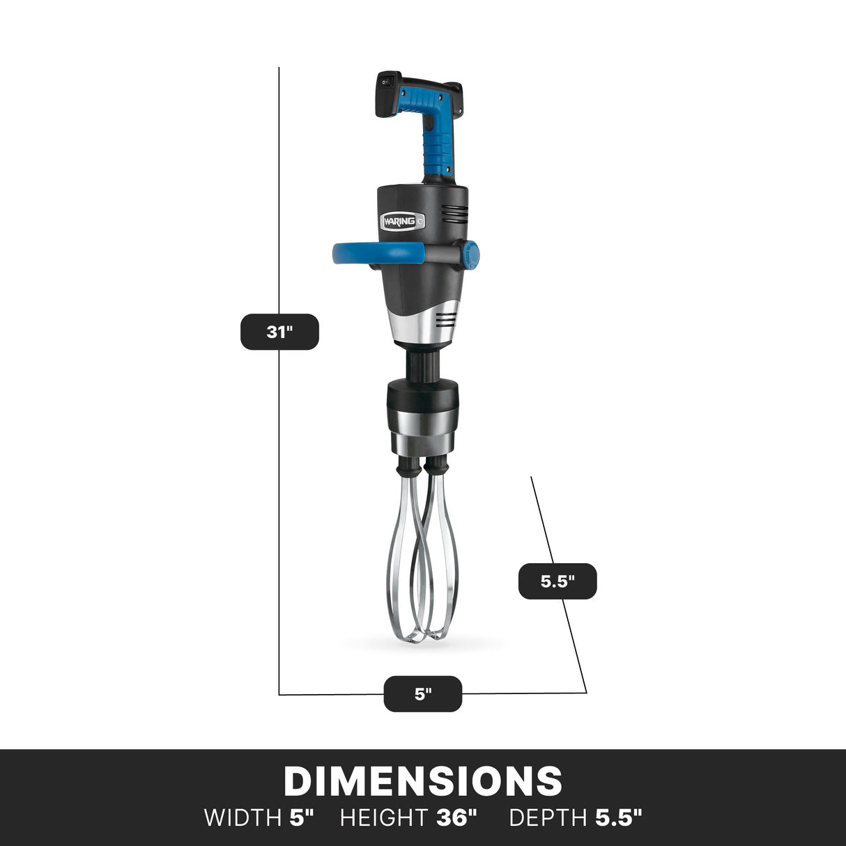 A large handheld Heavy-Duty Big Stix EvolutionX mixer with a black and blue handle, stainless steel whisk attachment, and side grip. Dimensions shown: 36 height, 5 width, 5.5 depth. DIMENSIONS text with measurements is displayed below.
