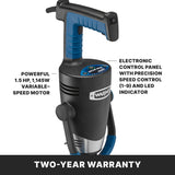 A close-up of a Waring Heavy-Duty Big Stix EvolutionX immersion blender features a black and blue handle, electronic control panel, variable speed motor (1–9), stainless steel whisk, 1.5 HP, 1,145W power, and two-year warranty.