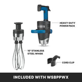The image shows a Waring Heavy-Duty Big Stix EvolutionX power pack with a 10-inch stainless steel whisk attachment, variable speed motor, and cord clip. Each part is labeled on a white background with “INCLUDED WITH WSBPPWX” at the bottom.
