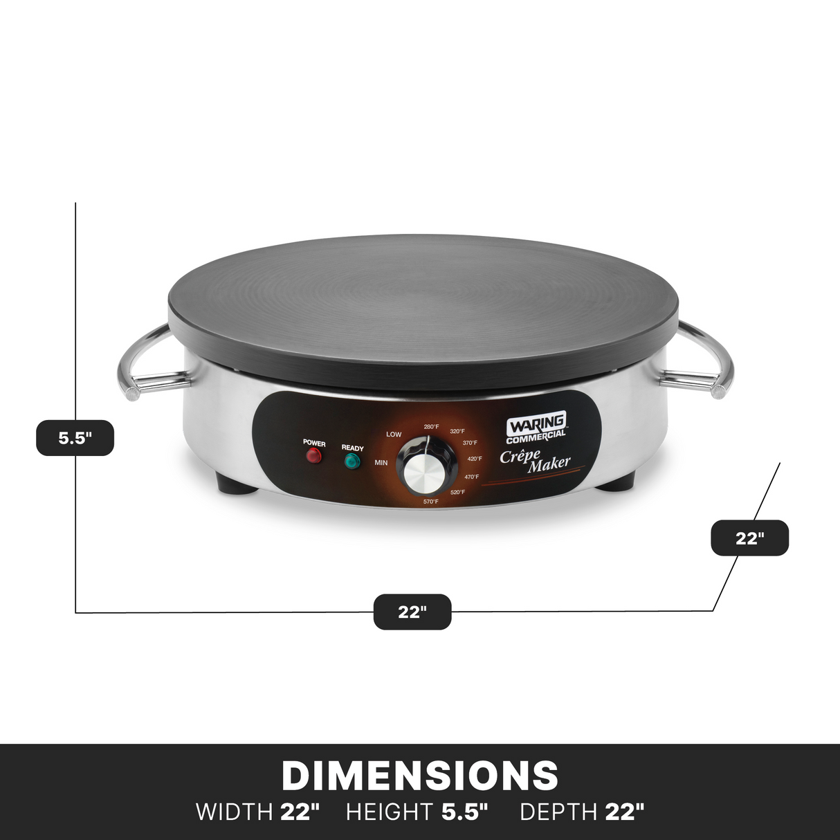 A stainless steel electric crepe maker with a round cast iron cook surface, side handles, and a control panel featuring knobs and indicator lights. Dimensions are 22" wide, 22" deep, and 5.5" high, shown under the Dimensions label.