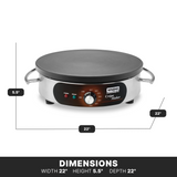 A stainless steel electric crepe maker with a round cast iron cook surface, side handles, and a control panel featuring knobs and indicator lights. Dimensions are 22" wide, 22" deep, and 5.5" high, shown under the Dimensions label.