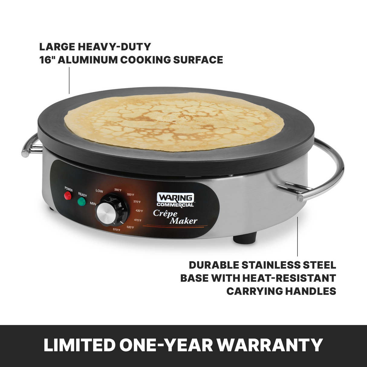 A Waring Commercial crepe maker with a large 16-inch cast iron cook surface holds a crepe. Features include a stainless steel base, heat-resistant handles, indicator lights, adjustable thermostat, control dial, and a limited one-year warranty.
