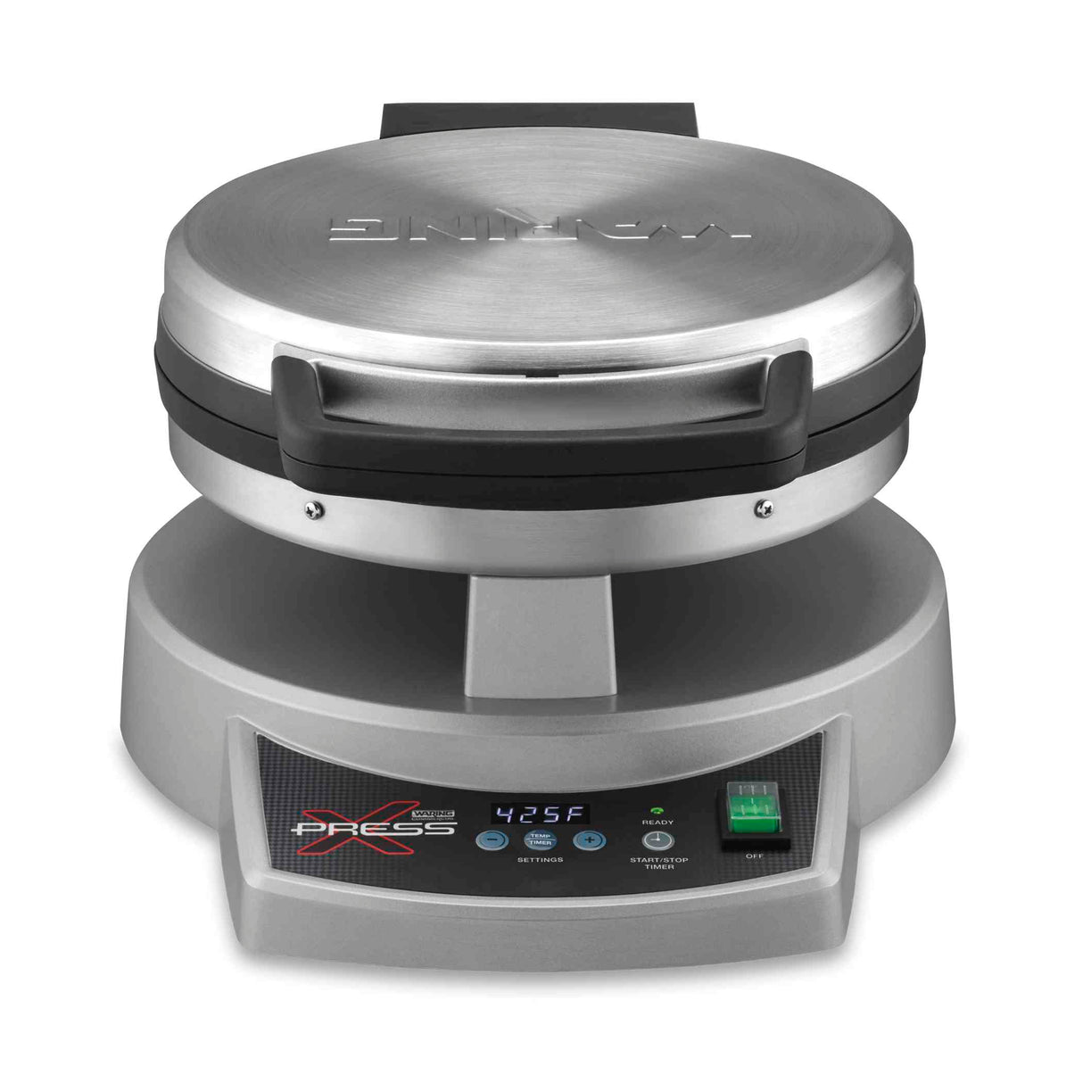 A stainless steel waffle maker with a round lid, “Waring” engraved on top, sits on a gray base with digital controls, buttons, and a screen displaying “425F.” This multipurpose cooktop looks modern, clean, and sturdy.