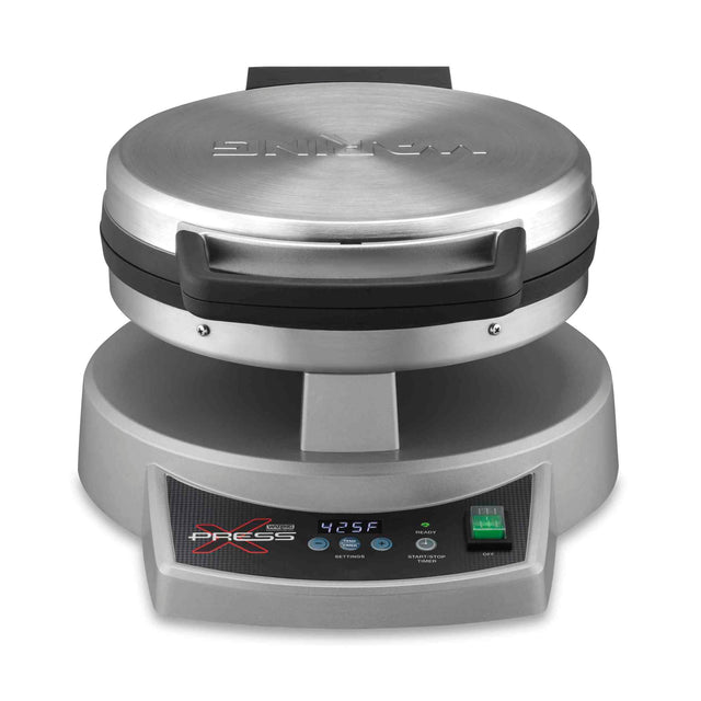A stainless steel waffle maker with a round lid, “Waring” engraved on top, sits on a gray base with digital controls, buttons, and a screen displaying “425F.” This multipurpose cooktop looks modern, clean, and sturdy.
