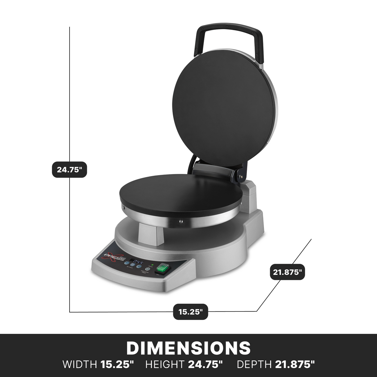 A round, silver commercial waffle maker with a raised handle and digital controls sits open on an electric cooktop. Dimensions are marked: width 15.25, height 24.75, depth 21.875; DIMENSIONS and these measurements appear below on a black bar.