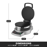 A round, silver commercial waffle maker with a raised handle and digital controls sits open on an electric cooktop. Dimensions are marked: width 15.25, height 24.75, depth 21.875; DIMENSIONS and these measurements appear below on a black bar.