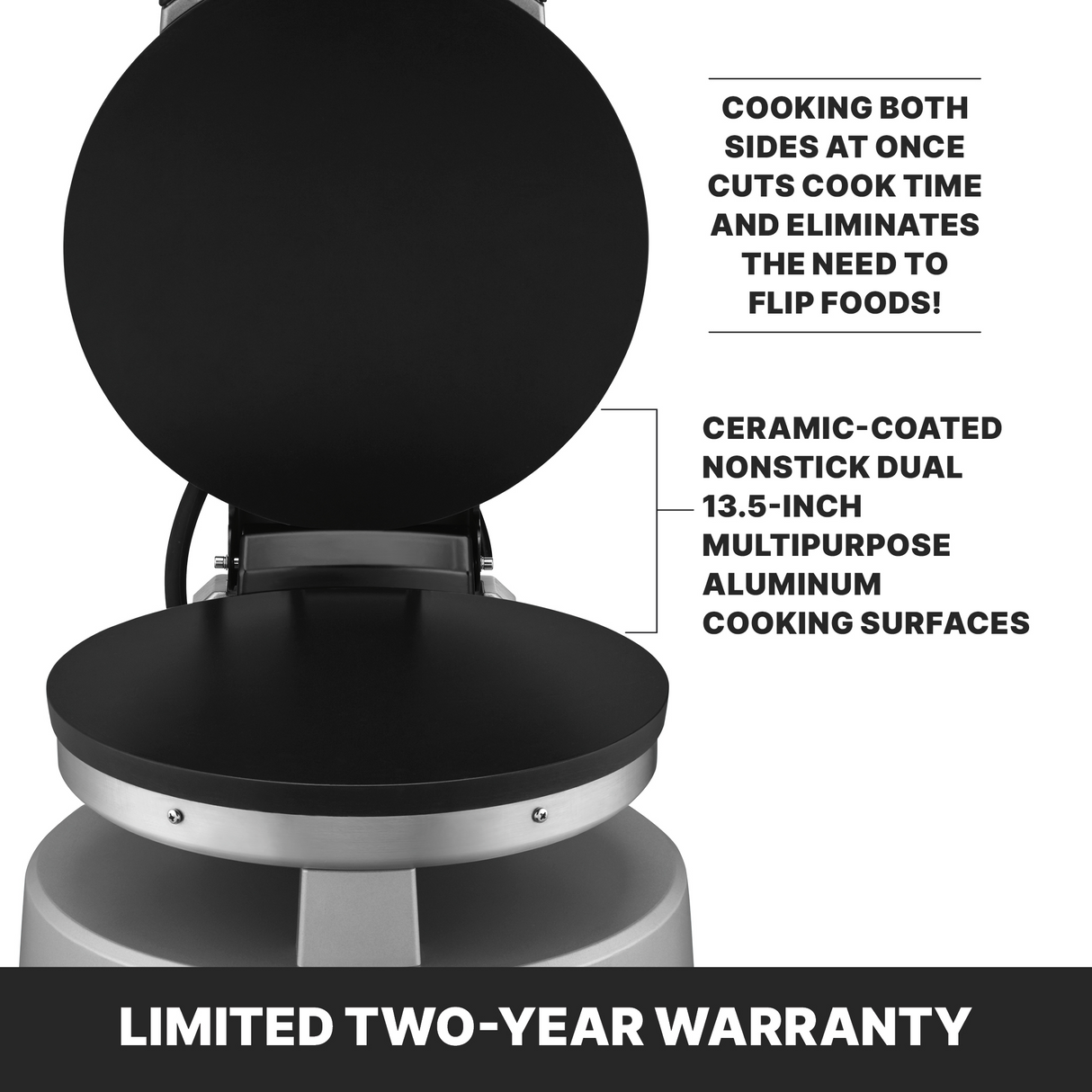 Close-up of an open dual-sided electric grill with two round, ceramic-coated nonstick 13.5-inch multipurpose cooktop surfaces. Text highlights quicker cooking by heating both sides and notes a limited two-year warranty at the bottom.
