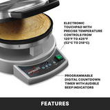 A metallic Crepe Maker with an open lid shows a cooked crepe inside. Its digital touchpad displays “425°F,” with labeled buttons and a green power switch. Text highlights precise temperature control and a programmable timer with audible beeps.