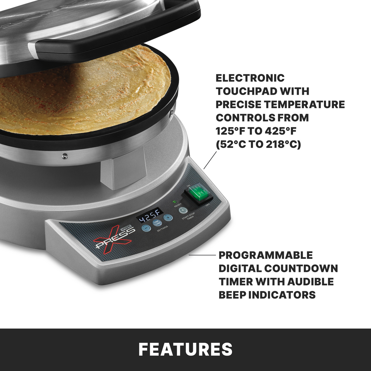 A round, silver electric cooktop with an open lid displays a golden crepe cooking inside. The base has a digital touchpad showing 425°F, buttons, and a green switch. Text highlights precise temperature controls (125°F–425°F) and a programmable timer.