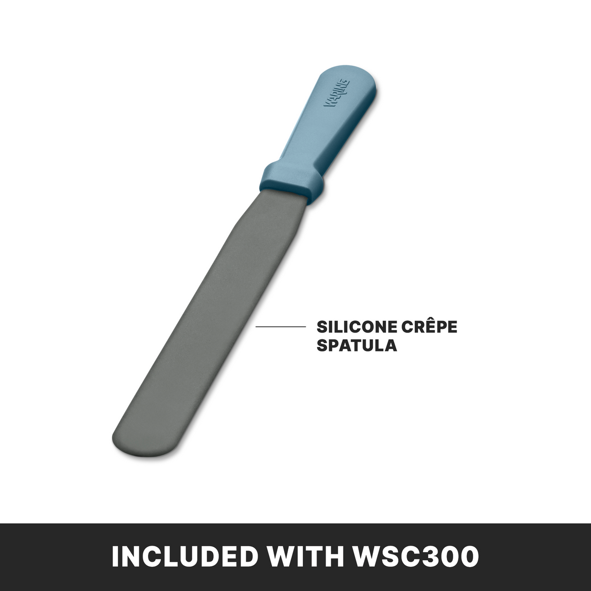 A silicone crêpe spatula with a blue ergonomic handle and a gray flat blade is shown on a white background—perfect for use with your Crepe Maker. A label points to the spatula, reading Silicone Crêpe Spatula. Below, a black bar says, Included with WSC300.