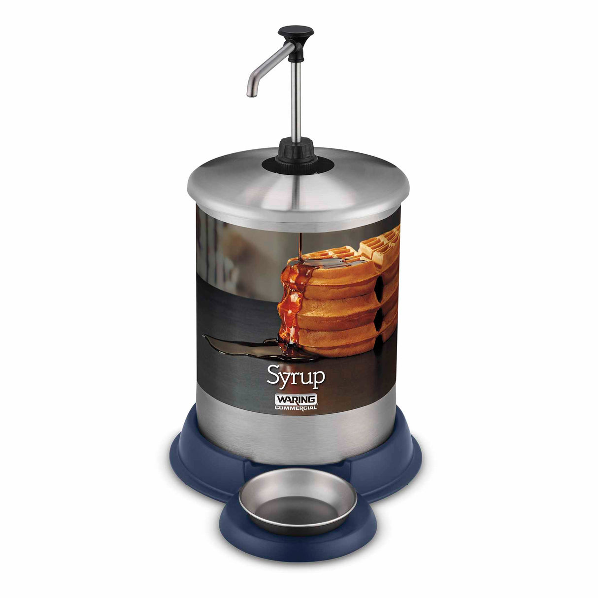 A 1-gallon stainless steel syrup dispenser with a pump top and blue base. The front displays waffles drizzled with syrup, labeled "Syrup." A small metal bowl sits under the nozzle to catch drips.