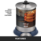 A stainless steel syrup dispenser with a pump fits a standard 1-gallon syrup container. The label shows syrup pouring onto waffles and reads Syrup and Waring Commercial. Blue base and drip tray included for easy, mess-free serving.