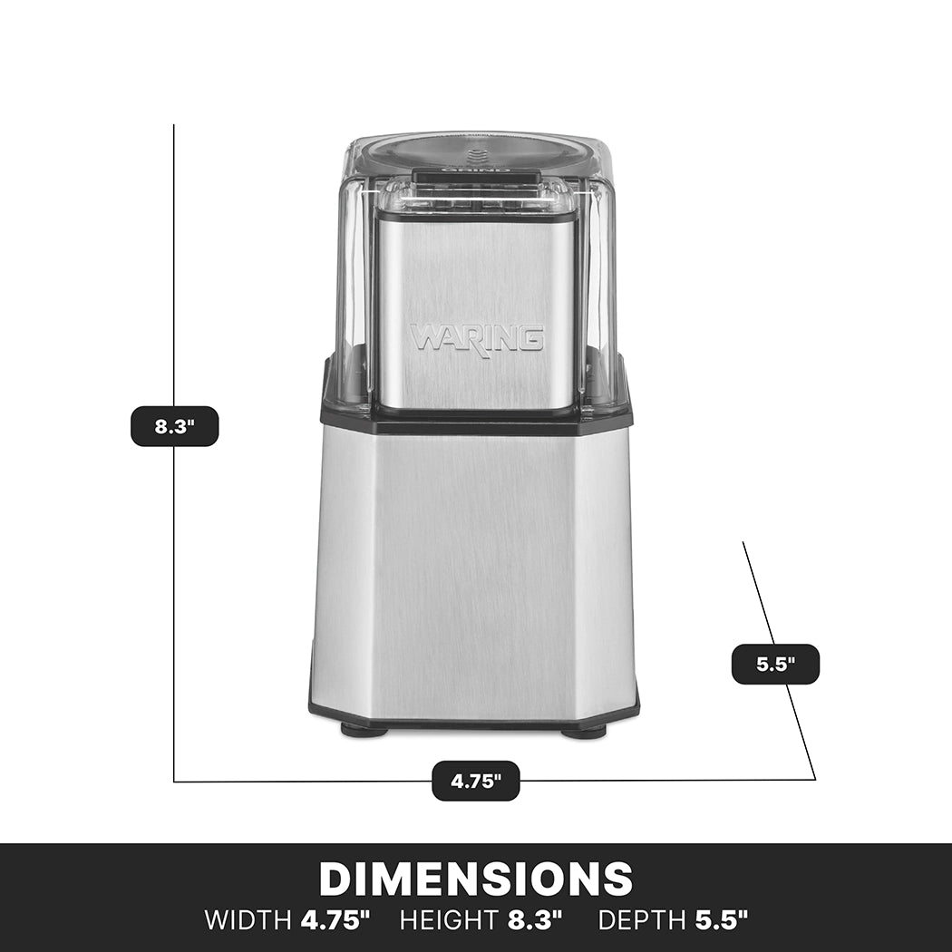 A compact, stainless steel grinder from Waring with a clear lid is shown from the front. Dimension lines indicate its size: 8.3 inches tall, 4.75 inches wide, and 5.5 inches deep. DIMENSIONS and measurements are displayed at the bottom.