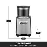 A silver Waring WSG60K commercial spice grinder is shown front-facing. The 3-cup body has a clear plastic lid and metallic finish with the Waring logo. Dimensions are labeled on a black tag: width 8.5”, height 11.5”, depth 6.5”. White background.