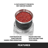 A silver Waring food processor with a 3-cup bowl filled with tomato sauce. Features include 3-cup capacity for wet and dry blends, continuous on function, pulse control, and versatility for International Use like the Waring WSG60E Commercial Spice Grinder.