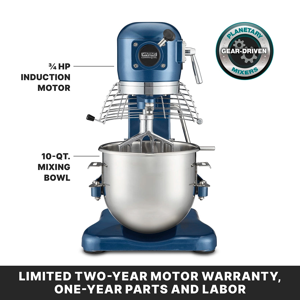 A blue Luna Planetary Mixer, with a 10 qt. capacity stainless steel bowl, features a powerful ¾ HP induction motor and planetary gear-driven system. Limited two-year motor warranty; one-year parts and labor. Perfect as a countertop mixer.
