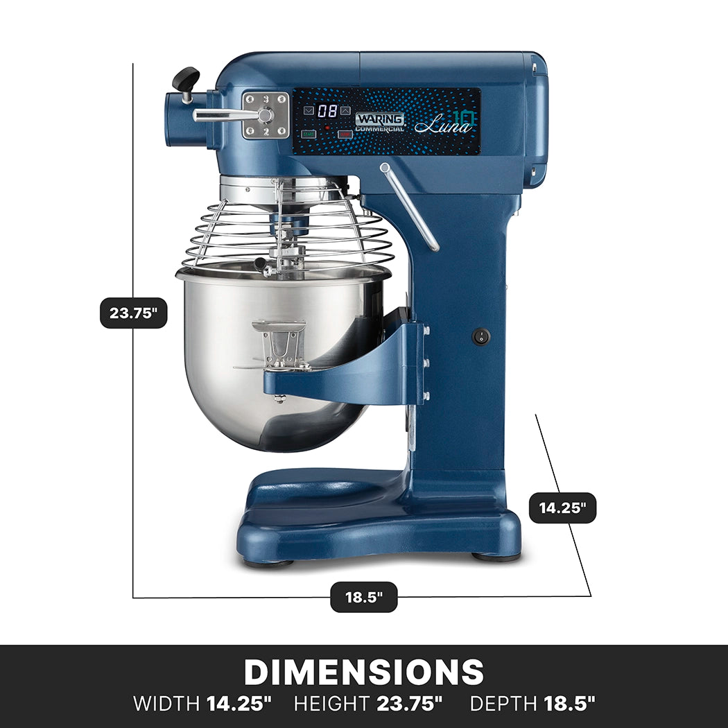 A blue Luna Planetary Mixer with a stainless steel 10 qt mixing bowl, display panel, and guard. Dimensions shown: width 14.25”, height 23.75”, depth 18.5”. The white background features clearly labeled measurement lines.