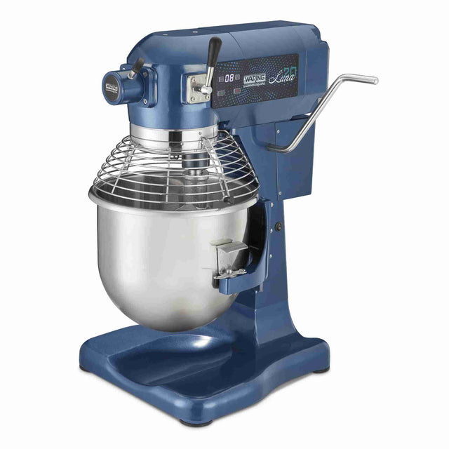 A blue Luna Planetary Mixer with a stainless steel mixing bowl, metal safety guard, control knobs, and a lever for adjusting bowl height. This sturdy 20 qt. mixer is ideal for heavy-duty kitchen or bakery use as a reliable countertop mixer.