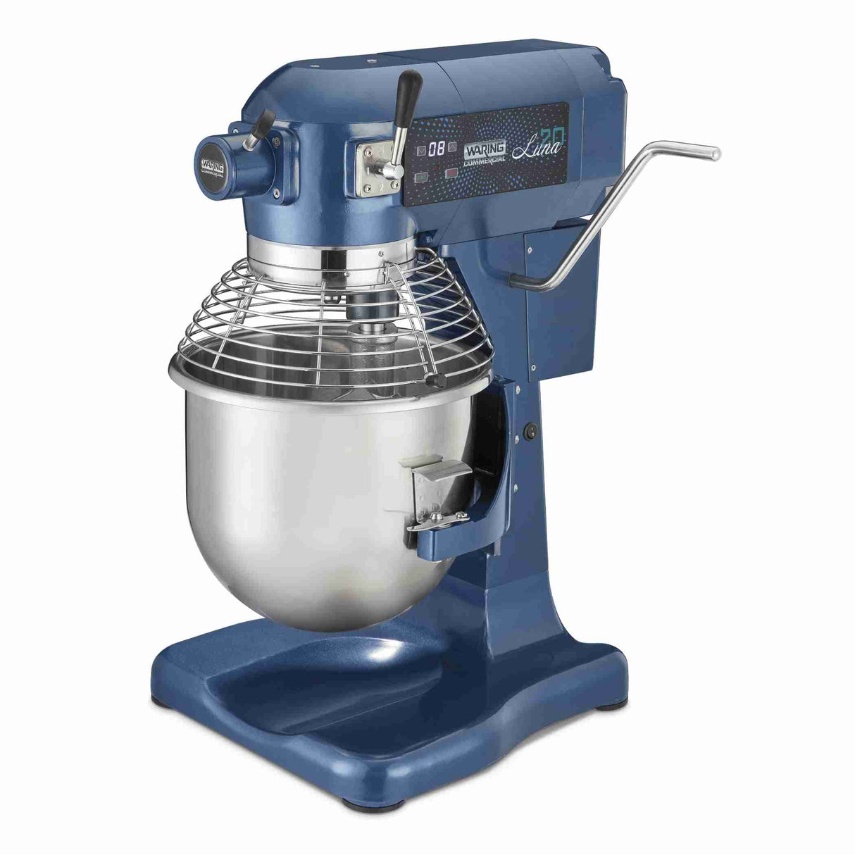 The Luna Planetary Mixer is a commercial blue 20 qt mixer with a large stainless steel bowl, wire cage guard, control panel, and lever for raising the bowl—shown on a white background. Includes versatile attachments like a dough hook.