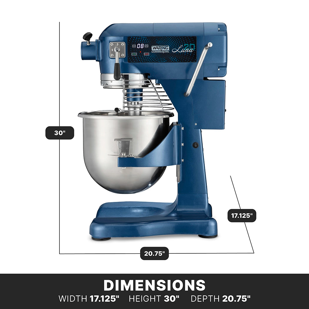 A blue Luna Planetary Mixer countertop mixer with a large stainless steel bowl is shown in profile. The labeled dimensions are: width 17.125 inches, height 30 inches, and depth 20.75 inches, ideal for a 20 qt. mixer setup.