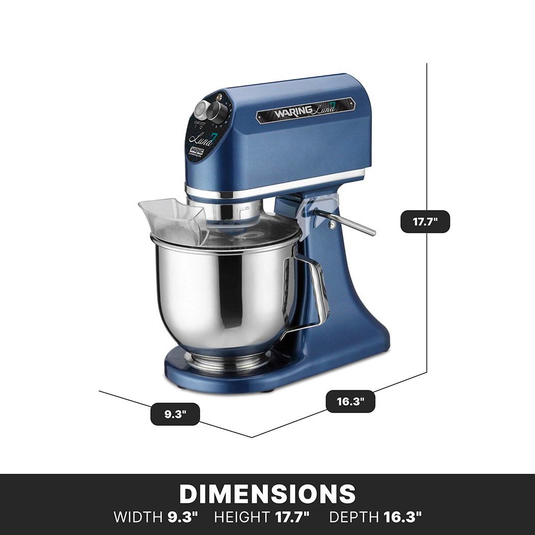 A blue Luna Planetary Mixer with a stainless steel 7 qt. mixing bowl. Dimensions: 9.3" wide, 17.7" high, and 16.3" deep. This countertop mixer features a tilt-head design, side control dials, and DIMENSIONS text at the bottom.