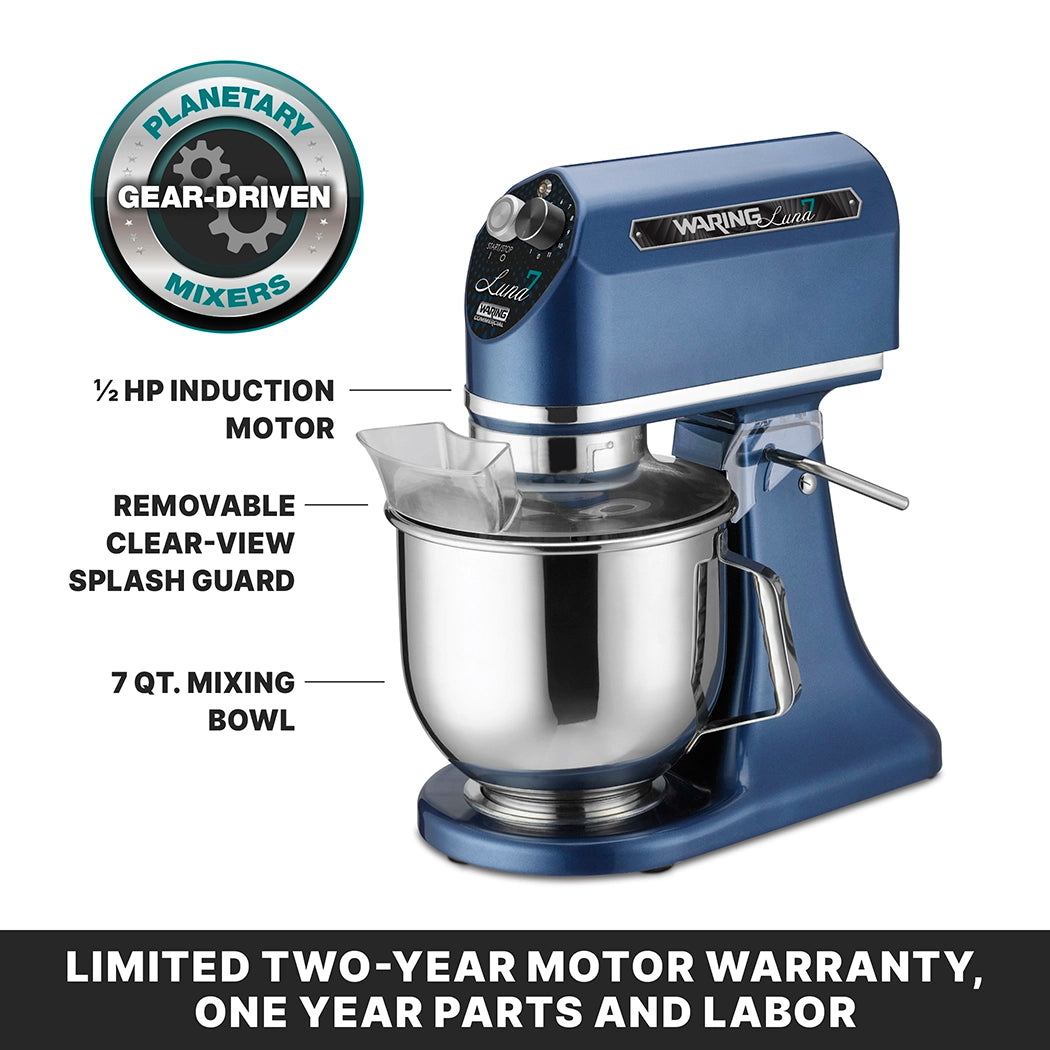 A blue Luna Planetary Mixer with a 7-quart stainless steel mixing bowl, clear splash guard, and control knob. Features a ½ HP induction motor, removable clear-view splash guard, and sturdy countertop mixer design. Warranty info is at the bottom.