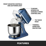 A blue Luna Planetary Mixer with a 7 qt. stainless steel bowl and wire whisk attachment. Labels highlight front-mounted controls with LED power light, 11-speed variable dial, tilt-back head, and thermal-overload protection. “FEATURES” appears below.
