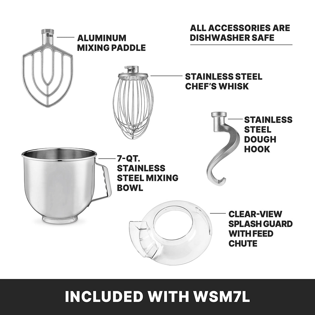 Labeled image displays accessories for the Luna Planetary Mixer: aluminum mixing paddle, stainless steel chef’s whisk, dough hook, 7 qt. mixer bowl, and clear-view splash guard with feed chute. All accessories are dishwasher safe.