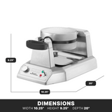 A stainless steel Belgian Waffle Maker with a round lid, black handle, and control panel featuring a dial and buttons. It sits on a rectangular base. Image includes labeled dimensions: 10.25 width, 9.25 height, and 20 depth on a black background.