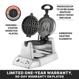 A stainless steel commercial Belgian Waffle Maker with a black handle sits open, showing ceramic-coated nonstick plates. It makes up to 25 waffles per hour, has embedded heating elements, user-serviceable plates, and warranty info at the bottom.