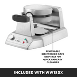 A stainless steel commercial waffle maker with a removable black drip tray is shown. The control panel features a knob and indicator lights. Text points to the dishwasher-safe tray. A black banner reads “INCLUDED WITH WW180X.”.