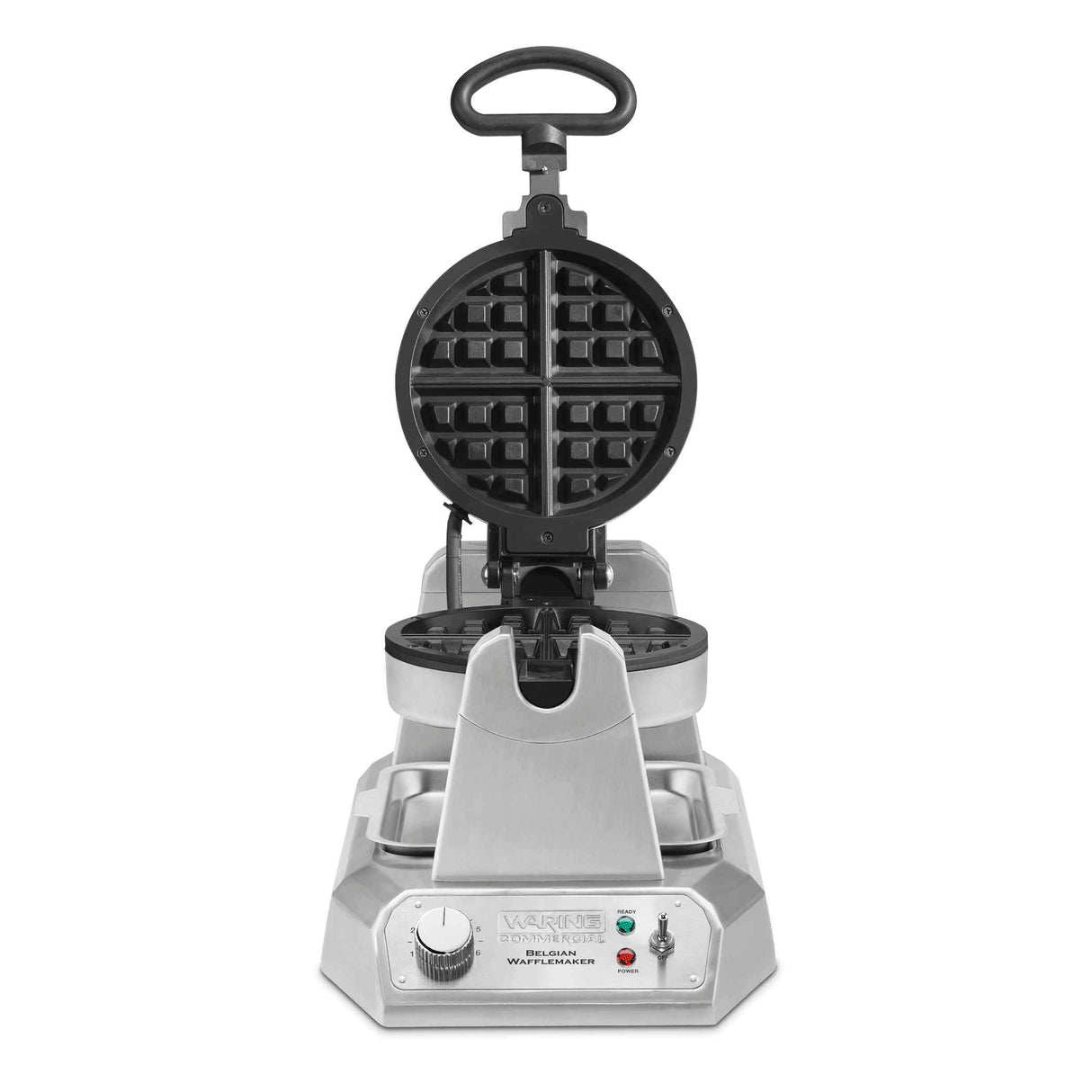 A stainless steel, commercial Belgian Waffle Maker with a round, open waffle grid, a top handle, control dial, and indicator lights on a rectangular base. The heavy-duty waffle maker faces forward with its grilling plates open.