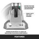 A silver double waffle maker, ideal as a commercial waffle maker, features rotating plates for even baking, heavy-duty die-cast housing, black handles, LED indicators, and an audio chime. The image has a white background highlighting these features.
