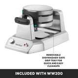 A silver Waring double Belgian Waffle Maker with a labeled removable, dishwasher-safe drip tray is shown on a white background. Text below reads: INCLUDED WITH WW200. This commercial waffle maker features a round top and front control knob.
