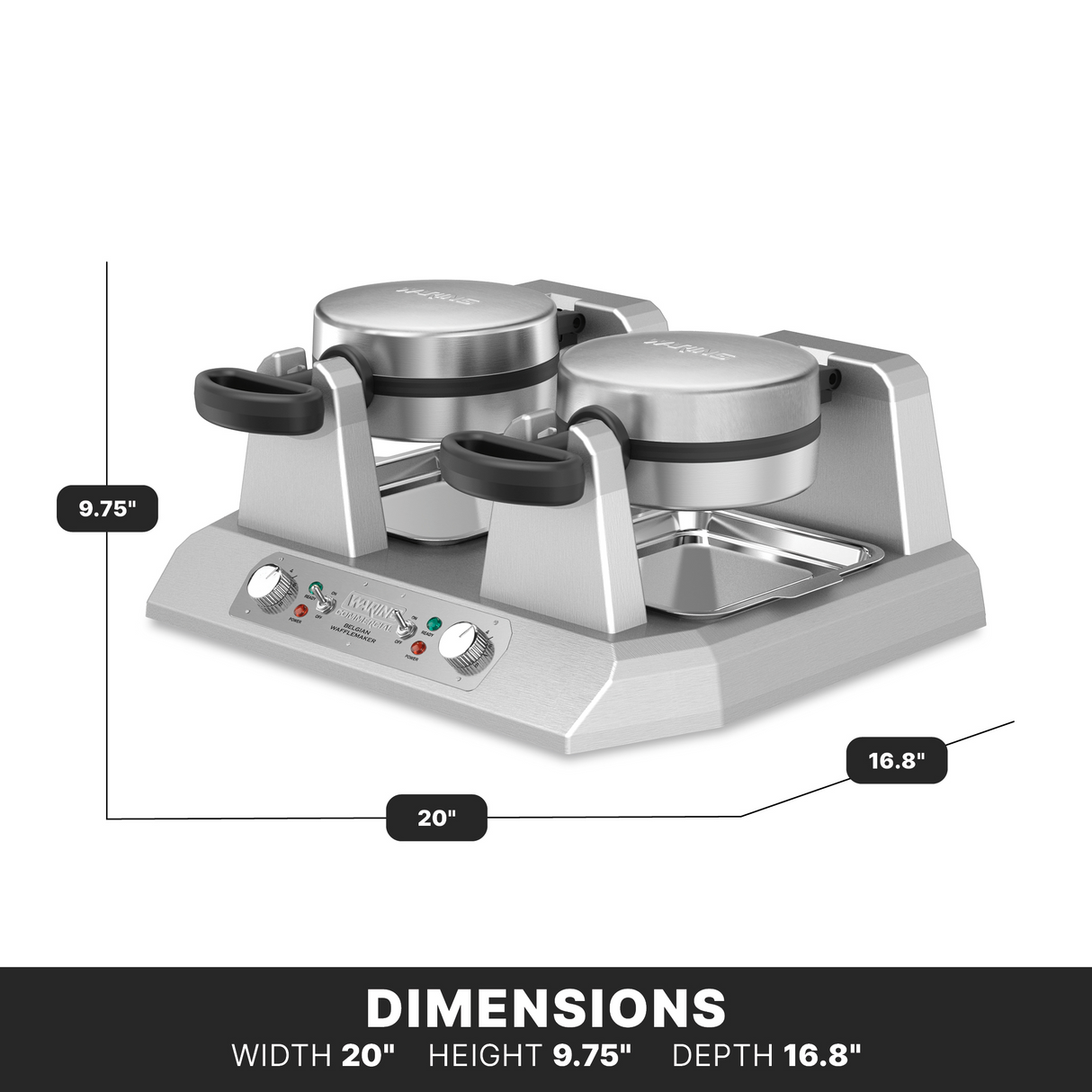 A double waffle maker with two round non-stick plates, black handles, control dials, and indicator lights sits on a metallic base. Dimensions are shown: width 20, height 9.75, depth 16.8. Text DIMENSIONS appears below.