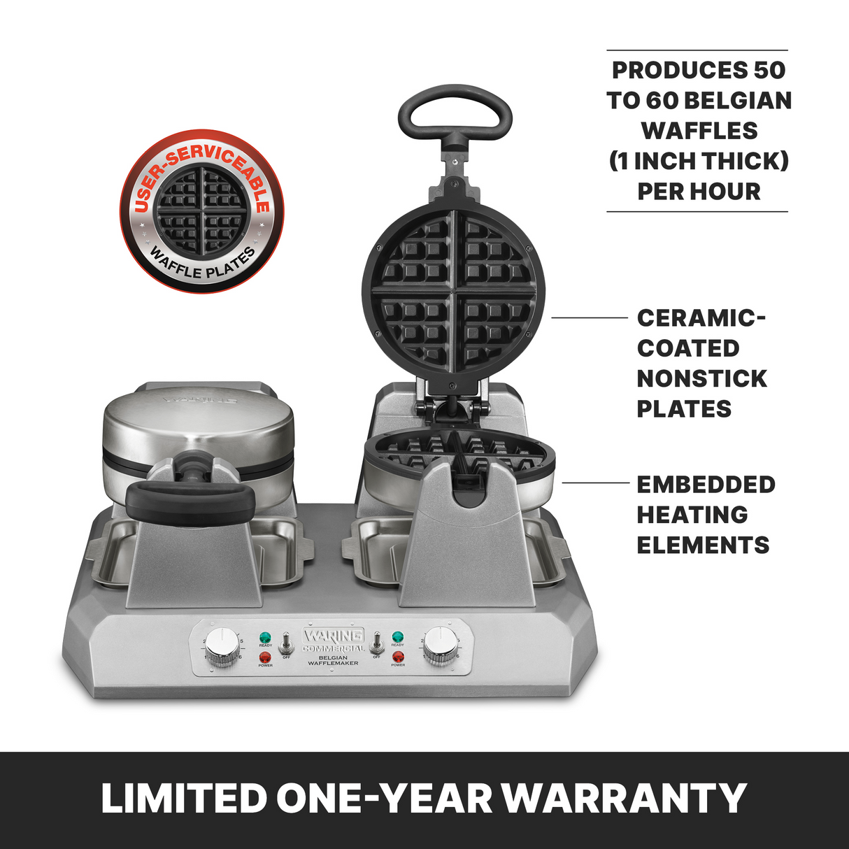 A heavy duty Commercial Belgian Waffle Maker with one side open, showing round, divided non-stick plates. Text highlights user-serviceable plates, ceramic-coating, embedded heating, 50-60 waffles per hour, and a limited one-year warranty. Control buttons on base.