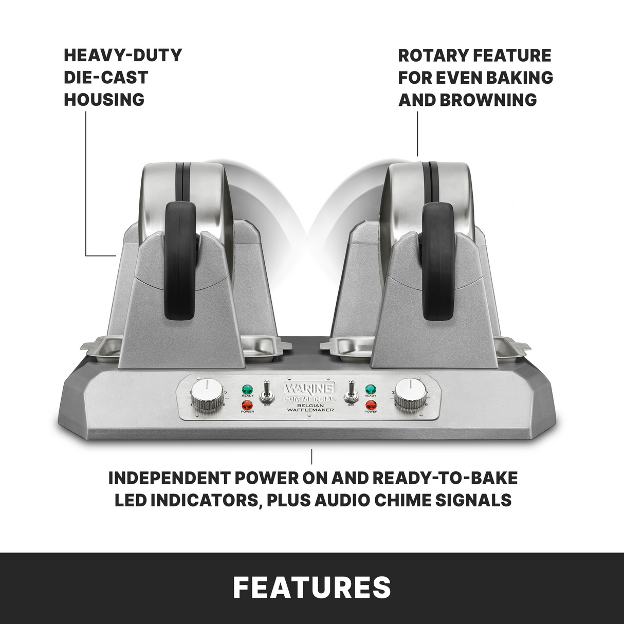 Two silver, heavy duty Commercial Belgian Waffle Makers with black handles sit side by side. Labels highlight die-cast housing, non-stick plates, rotary browning feature, and LED indicators. Control knobs are on the front panel. Text says FEATURES below.